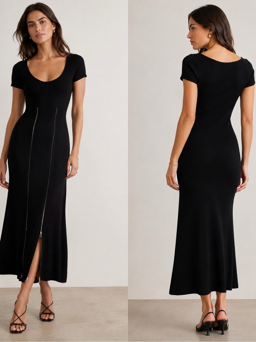 STAUD Black Scoop Neck Short Sleeve Maxi Dress with Front Zipper